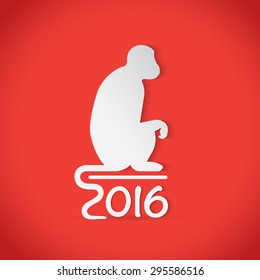 Monkey silhouette  symbol for 2016 chinese year. Isolated on red