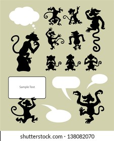 Monkey Silhouette Symbols. Smooth and detail vector. Easy to change color. You can put your own text on speech bubble or sign board.