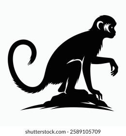 Monkey Silhouette Vector - Wild Primate on Rock Illustration