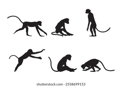 Monkey silhouettes collection, vector illustration isolated on white background.