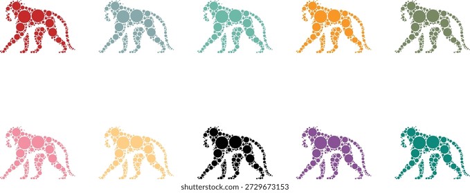 Monkey silhouettes made of colorful circles, Primate mosaic figures in bright dot art