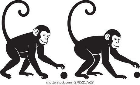 Monkey silhouettes playing with small balls, animal graphic.