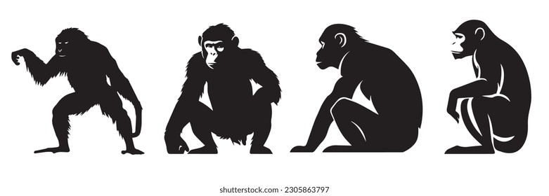 Monkey silhouettes set flat icon stickers black and white vector illustration design