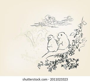 monkey sit vector card japanese chinese nature ink illustration engraved sketch traditional