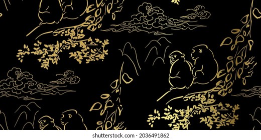monkey sit vector card japanese chinese nature ink illustration engraved sketch traditional textured black