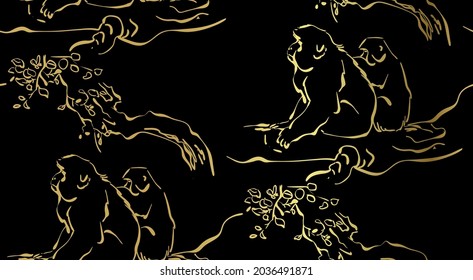 monkey sit vector card japanese chinese nature ink illustration engraved sketch traditional textured black