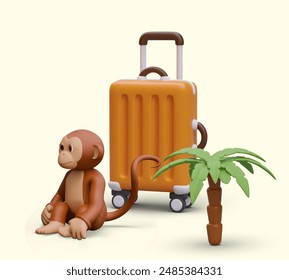 Monkey sits near suitcase and palm. Concept of traveling to exotic country