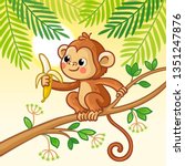 Monkey sits on a tree and eats a banana. Cute animal in cartoon style. Vector illustration.
