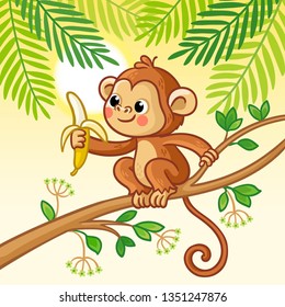 Monkey sits on a tree and eats a banana. Cute animal in cartoon style. Vector illustration.