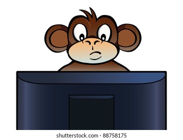 Monkey sitting behind a computer screen or tv.