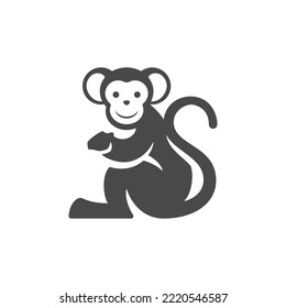 Monkey sitting with curved tail funny exotic jungle character monochrome silhouette icon vector illustration. Mammal mascot wild ape cute primate chimpanzee minimalist zoo insignia logo