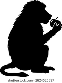 Monkey sitting and eating an apple silhouette