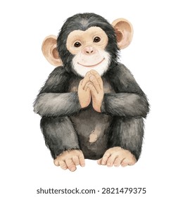 A monkey sitting with folded hands smiling