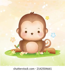 Monkey sitting in the forest_Watercolor