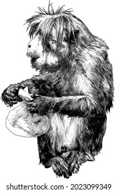 El mono está sentado de largo con una bolsa en sus patas y mira lejos, esboza gráficos vectoriales monocromo ilustración en un fondo blanco