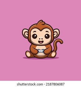 Monkey Sitting Gaming Cute Creative Kawaii Cartoon Mascot Logo