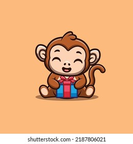 Monkey Sitting Gift Box Cute Creative Kawaii Cartoon Mascot Logo