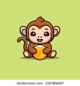 Monkey Sitting Gold Coin Cute Creative Kawaii Cartoon Mascot Logo