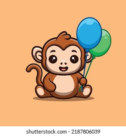 Monkey Sitting Hold Balloon Cute Creative Kawaii Cartoon Mascot Logo
