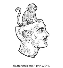 monkey sitting in human head line art sketch engraving vector illustration. T-shirt apparel print design. Scratch board imitation. Black and white hand drawn image.