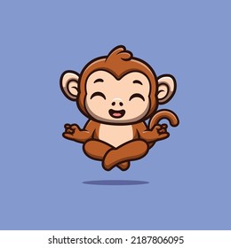 Monkey Sitting Meditation Cute Creative Kawaii Cartoon Mascot Logo