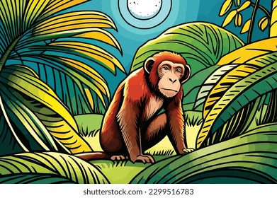 a monkey was sitting in the middle of the forest at night with the moon shining.