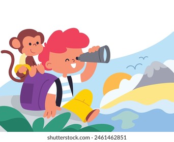 Monkey sitting on the boys back, on backpack. Kids friends adventure activities, traveling activity around the world, exploring new places, children passionate about traveling, active enthusiastic