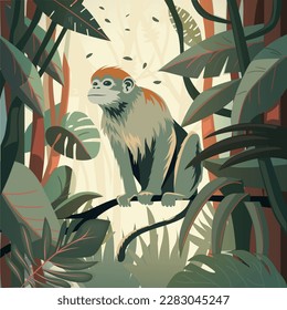 Monkey sitting on a branch in the jungle, travel and adventure illustrations, vector flat image