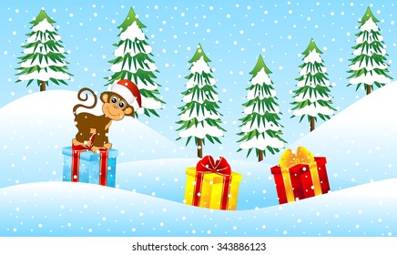 monkey sitting on gifts in the winter forest, vector illustration