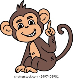 A monkey is sitting on the ground and pointing to the sky. The monkey is smiling and he is happy