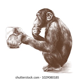 monkey sitting on his haunches with a thoughtful look and holding in its paws a glass of beer, sketch vector graphics monochrome drawing