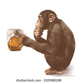 monkey sitting on his haunches with a thoughtful look and holding in its paws a glass of beer, sketch vector graphics color picture