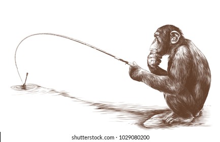 Monkey Sitting On His Haunches With A Fishing Rod And Catches A Fish Sketch Vector Graphics Monochrome Drawing