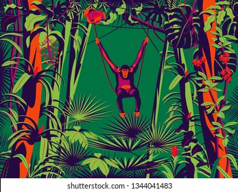 Monkey sitting on a liana in the rainforest. Handmade drawing vector illustration. Pop art minimalist style.