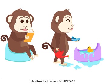 Monkey sitting on potty read a book and playing