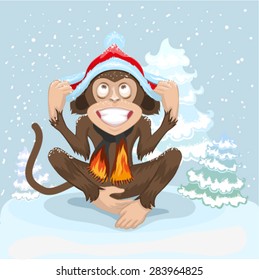 Monkey is sitting on snow and puts cap of Santa Claus. Illustration in vector format