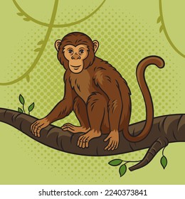 monkey sitting on tree pinup pop art retro vector illustration. Comic book style imitation.