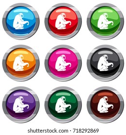 Monkey sitting set icon isolated on white. 9 icon collection vector illustration