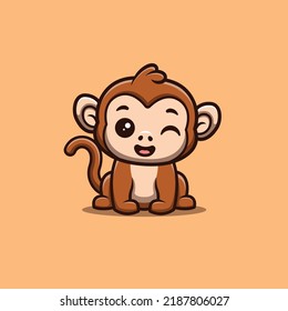 Monkey Sitting Winking Cute Creative Kawaii Cartoon Mascot Logo