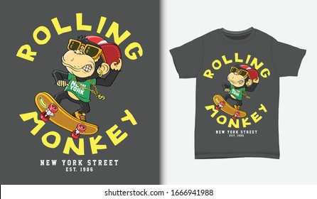 Monkey skater cartoon, with t-shirt design, Hand drawn