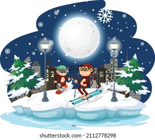 Monkey skiing in the snow at night scene illustration