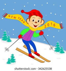 monkey skiing in a winter landscape, illustration, vector