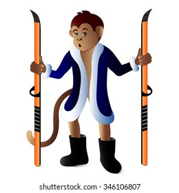 Monkey with skis in Santa's fur coat. Vector illustration.