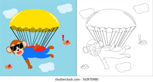 monkey skydiving. coloring book cartoon