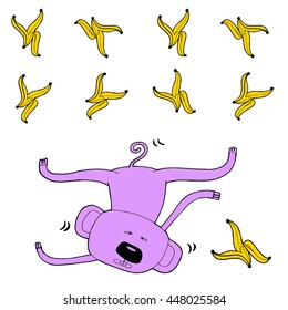 The monkey slip tread on a banana peel, banana peel pattern, Art colouring book, hand drawn, illustration bird, T-shirt Graphics, cute cartoon characters 