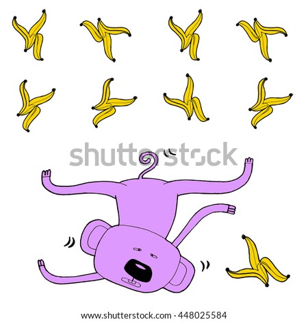 The monkey slip tread on a banana peel, banana peel pattern, Art colouring book, hand drawn, illustration bird, T-shirt Graphics, cute cartoon characters 