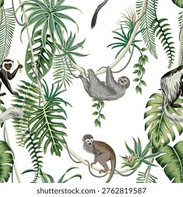 Monkey, sloth animal, tropical palm leaves, liana, fern, plants botanical seamless pattern. Exotic jungle print.	