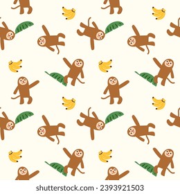 Monkey smile cartoon so cute. On banana and banana leaf background. Pattern seamless vector illustration. 