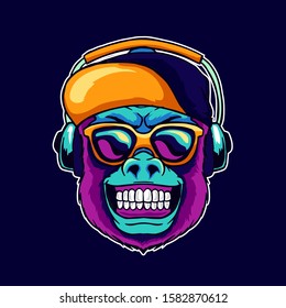 Monkey smile wear cool glasses and cap hat listening dope music on the headphone speaker vector illustration. Pop art color style animal gorilla head logo design for creative DJ sound producer studio.