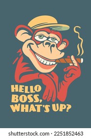 Monkey smoking big cigar funny t shirt or poster illustration. Cartoon or comic style character clothing print idea. Cool chimpanzee vector artwork idea.